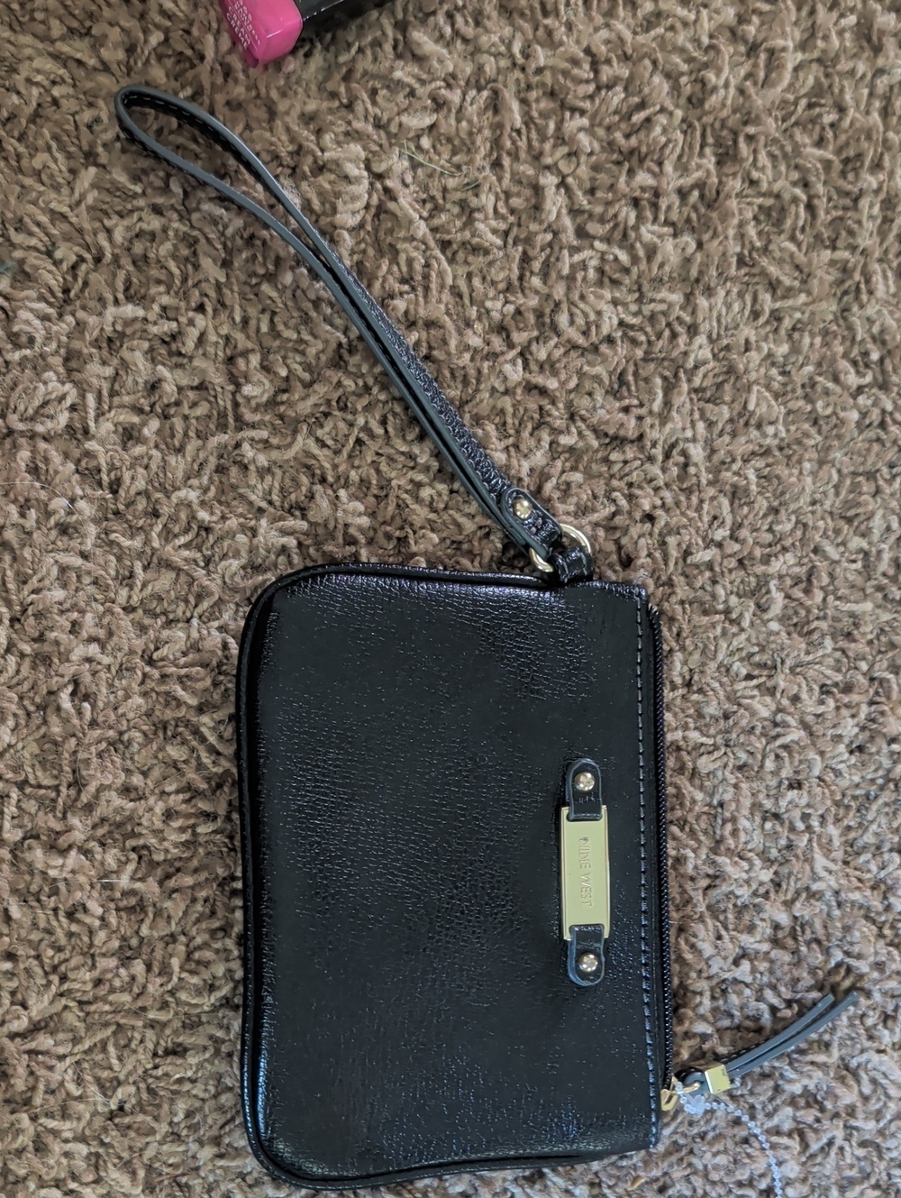 Nine WestBlack Patent Wristlet with Gold Plate